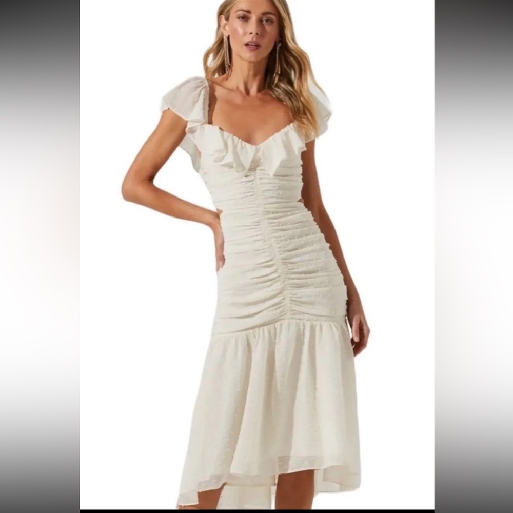 ASTR Devereaux Ruffle Gathered Swiss Dot Midi Dress NWT